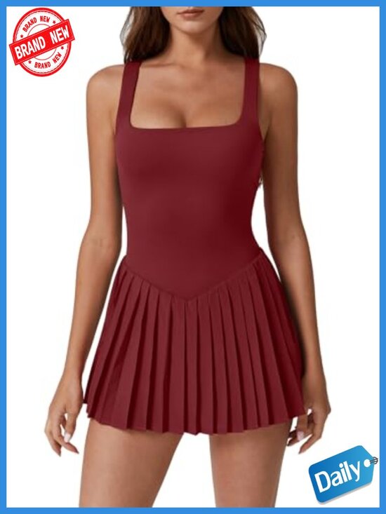 Dresses & Skirts - Women's Sleeveless Square Neck Pleated Tennis Dress with Built-in Shorts,